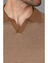 Paul James Camel Jacquard Knit Buttonless Short Sleeve Polo