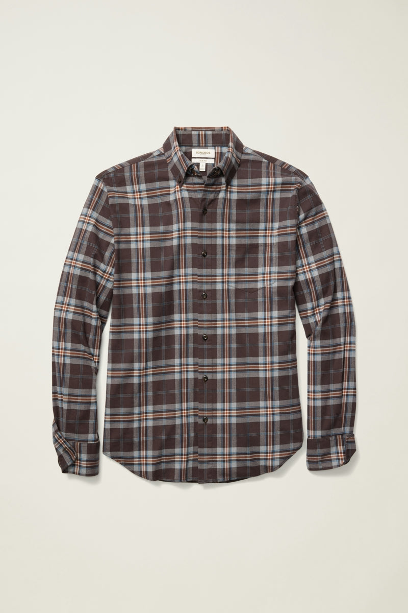 Wholesale,Bonobos, Bonobos Chocolate/Blue Plaid Stretch Flannel Slim Fit Shirt, Brown, Extra Large-49-TagXL