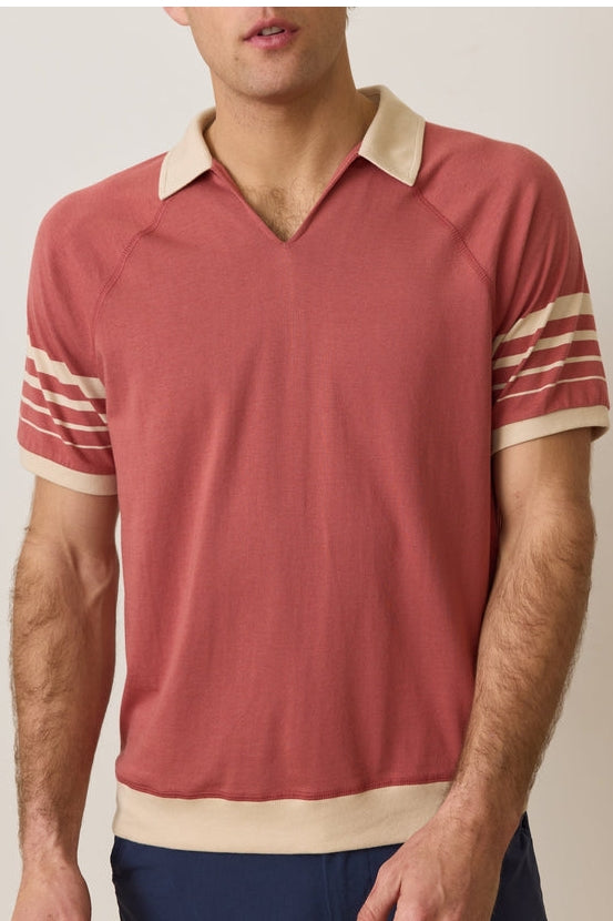 Wholesale,Marine Layer, Marine Layer Brick with Tan Contrast Varsity Rib Polo, Red, Small-40-TagSMedium-42-TagMLarge-45-TagLExtra Large-48-TagXLExtra Extra Large-50-TagXXL