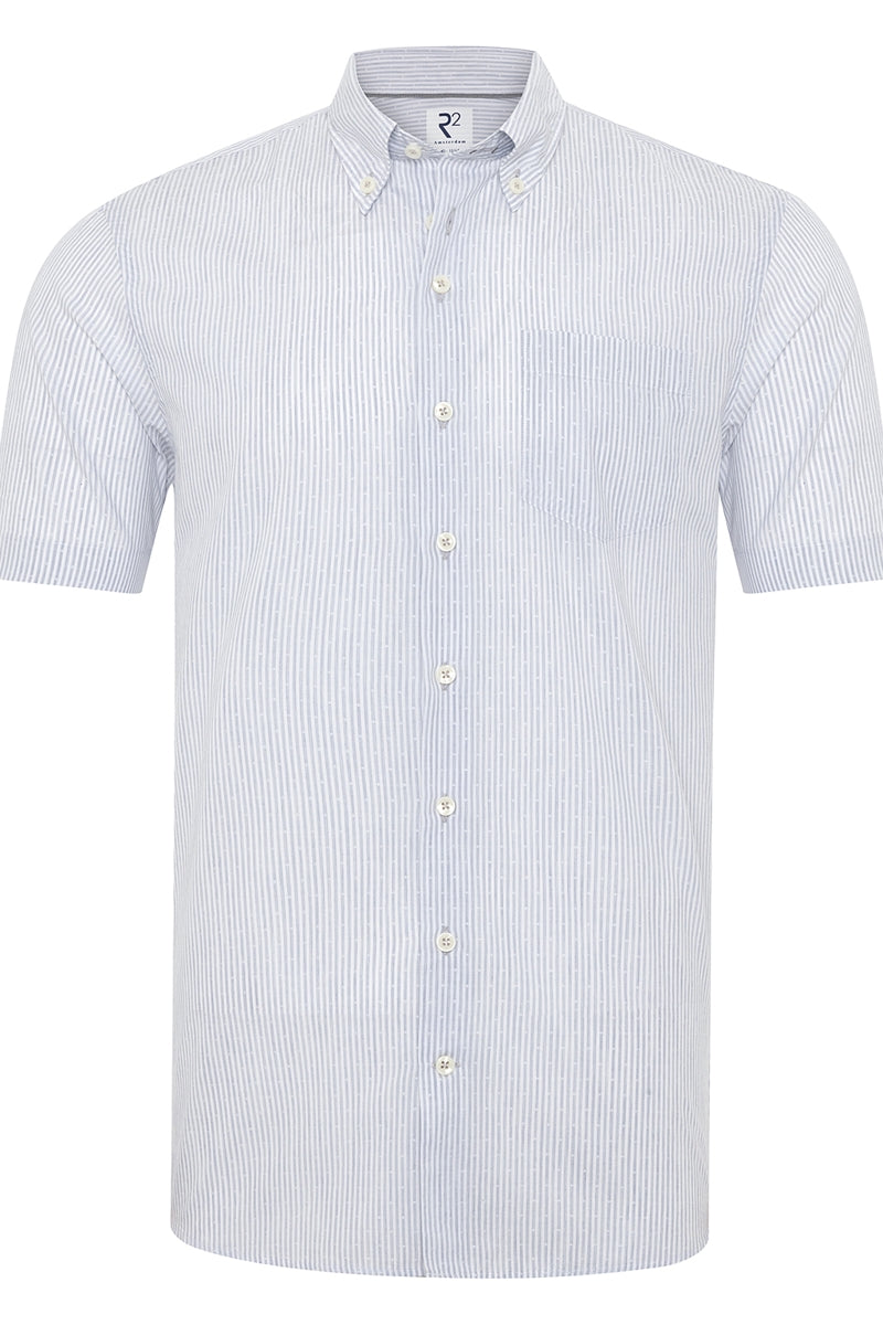 Direct From Brand,R2 Amsterdam, R2 Amsterdam Grey/White Stripped Stretch Short Sleeve Button Up Shirt, Grey, Medium-42-Tag40Large-44-Tag41