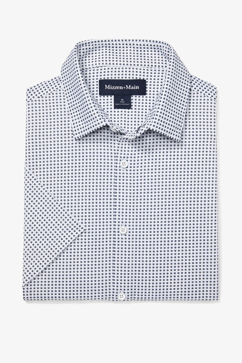 Wholesale,Mizzen + Main, Mizzen + Main Blue Geo Twill Print No-Tuck Trim Shirt, Blue, Medium-43-TagM
