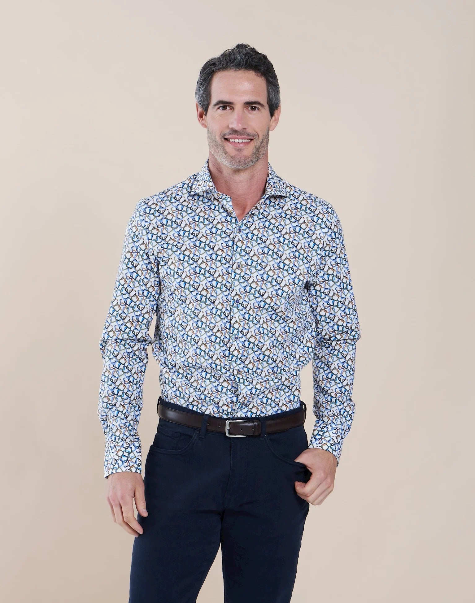 Brand Partner,R2 Amsterdam, R2 Amsterdam White w/ Multicolor Square Print Button Up, White, Extra Extra Large-52-Tag45