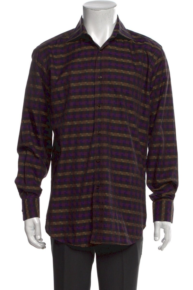 RealReal,Etro, Etro Purple/Tan Plaid Print Long Sleeve Dress Shirt, Purple, Medium-44-Tag40