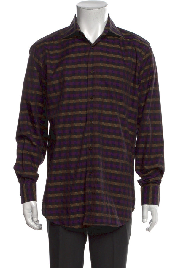 Etro Purple/Tan Plaid Print Long Sleeve Dress Shirt