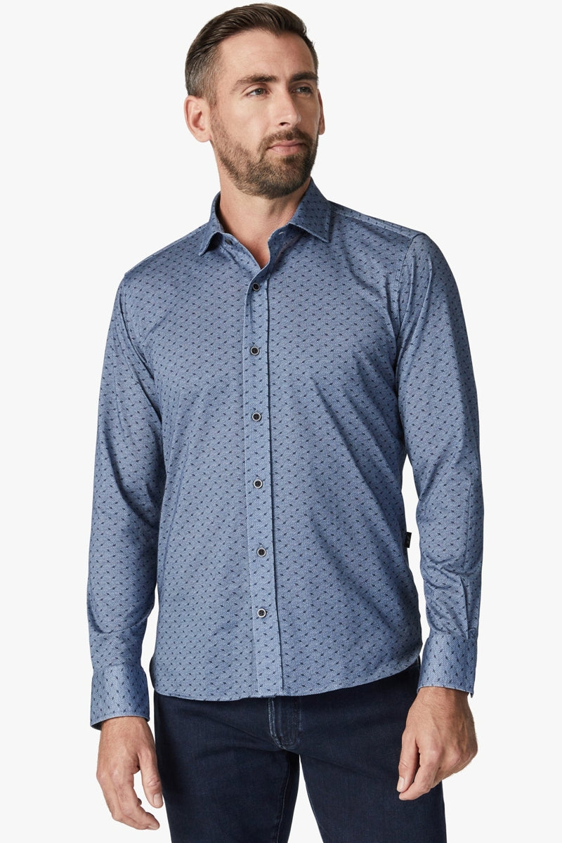 Wholesale,34 Heritage, 34 Heritage Indigo Melange Leaf Print Knit Shirt, Blue, Small-42-TagSMedium-44-TagMLarge-47-TagLExtra Large-50-TagXLExtra Extra Large-54-TagXXL