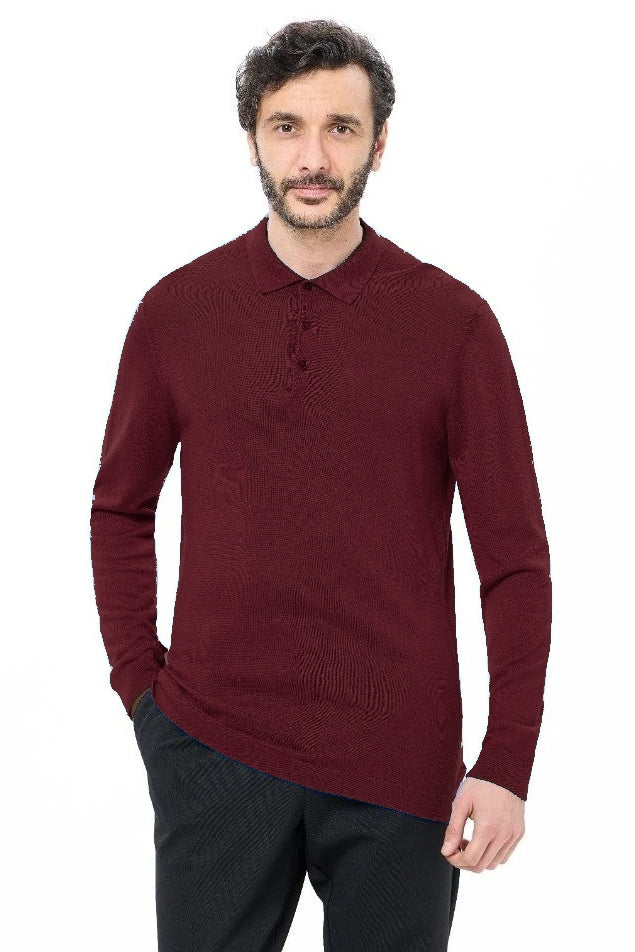 Wholesale,Luchiano Visconti, Luchiano Visconti Dark Red 3-Button Tencel Long Sleeve Polo, Red, Extra Extra Large-50-TagXXLExtra Large-48-TagXL