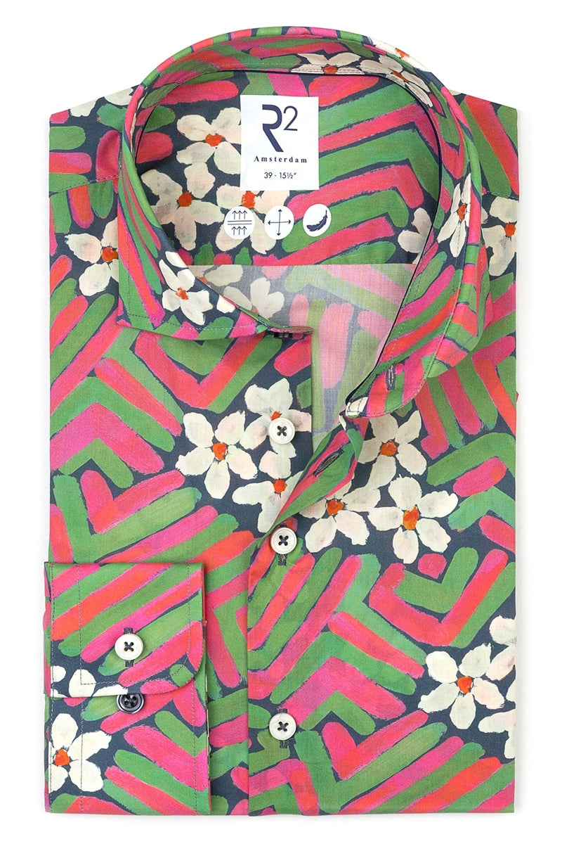 Direct From Brand,R2 Amsterdam, R2 Amsterdam Pink/Green Multi Floral Cotton Shirt, Pink, Small-41-Tag39Large-47-Tag42