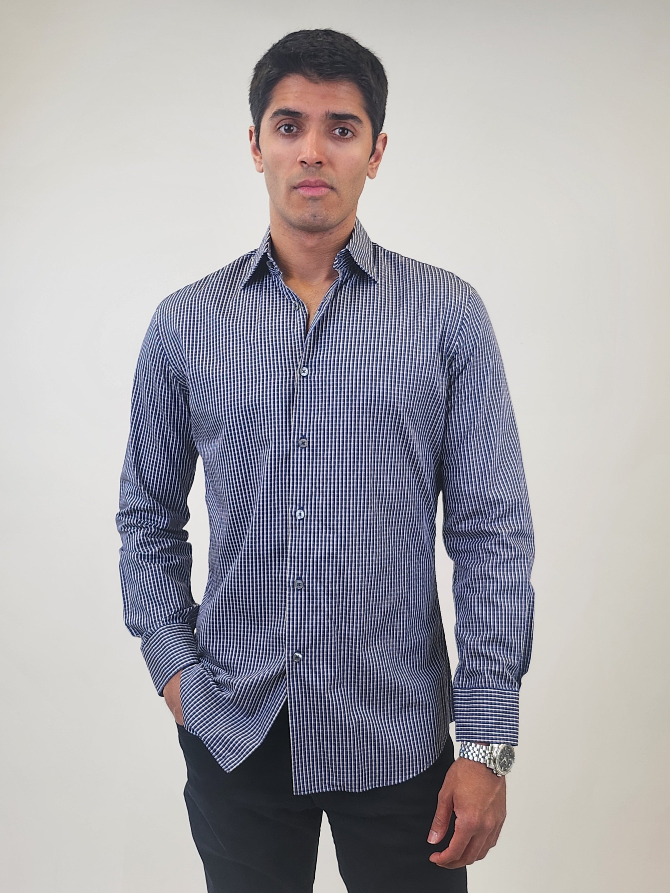Brand Partner,R2 Amsterdam, R2 Amsterdam Dark Blue Bird's Eye 2 PLY Long Sleeve Button Up Shirt with Beige Print Contrast, Blue, Extra Extra Large-52-Tag45