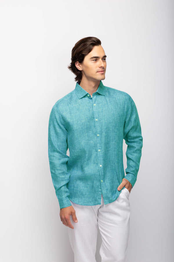 Stitch Note Turquoise European Linen Classic Long Sleeve Shirt