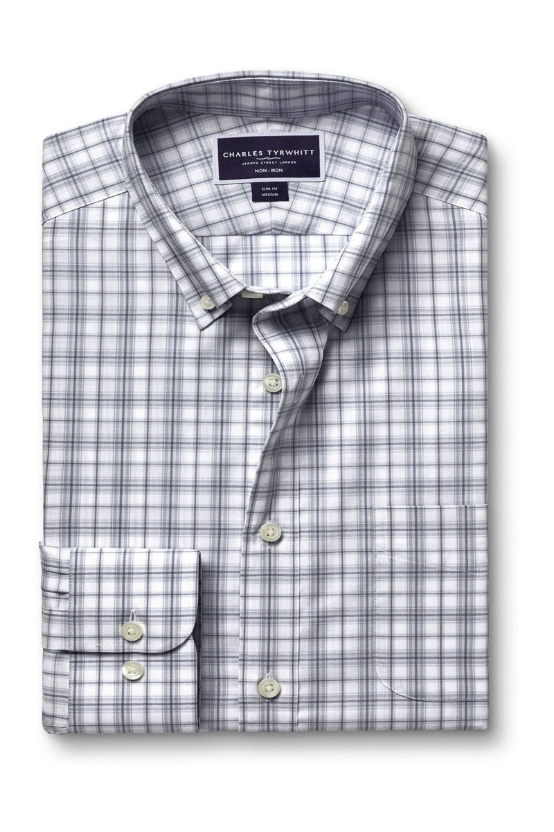 Wholesale,Charles Tyrwhitt, Charles Tyrwhitt Silver Grey Poplin Check Stretch Shirt, Grey, Medium-42-TagM