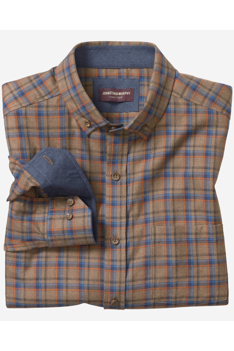 Wholesale,Johnston & Murphy, Johnston & Murphy Heather Tan with Blue Box Plaid Shirt, Tan, Medium-44-TagMLarge-46-TagL