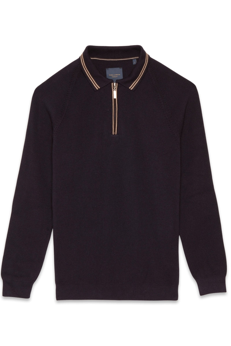 Faire,Guide London, Guide London Navy Braided Weave Knit Qtr Zip Polo, Blue, Small-38-TagS
