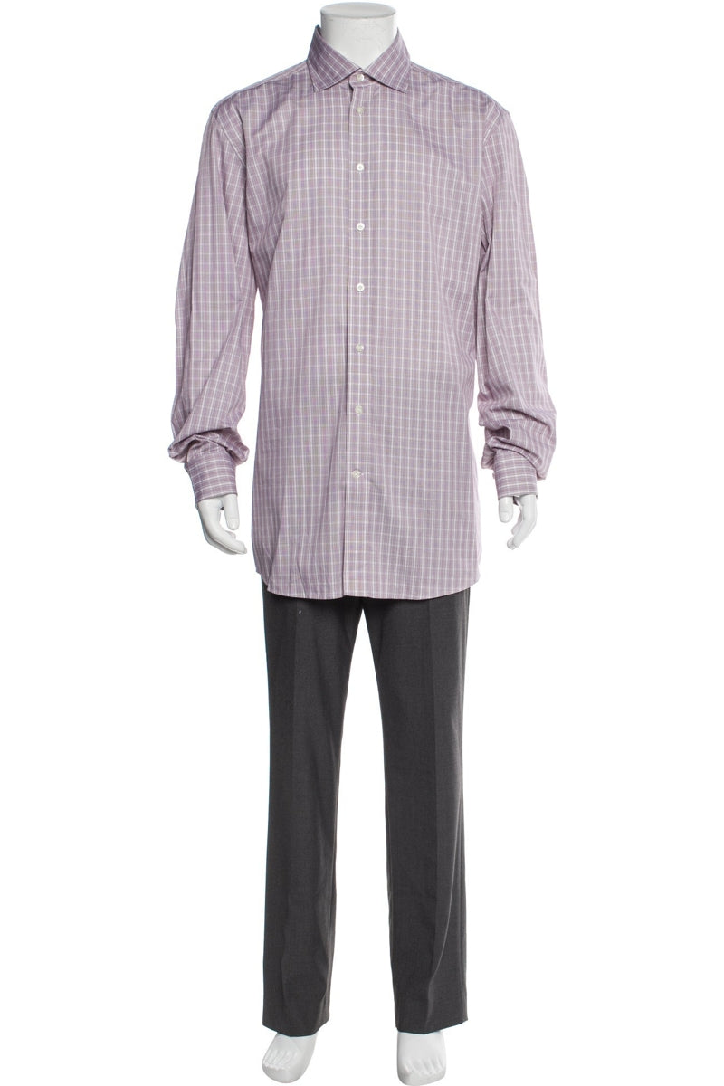 RealReal,Luciano Barbera, Luciano Barbera Purple/Tan Plaid Print Long Sleeve Dress Shirt, Purple, Extra Large-50-TagXL