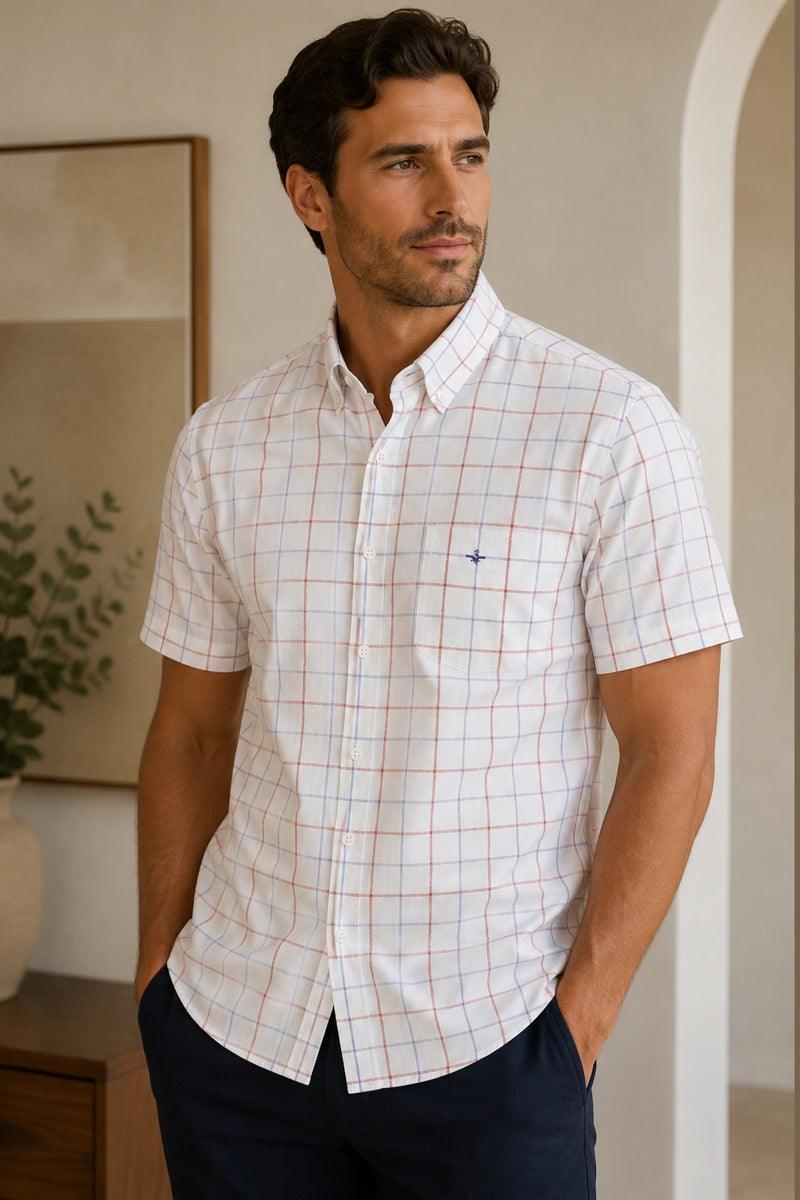 Wholesale,Jakamen, Jakamen White with Burgundy/Blue Windowpane Textured Shirt, White, Large-46-TagL