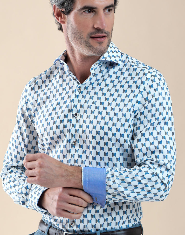 Direct From Brand,R2 Amsterdam, R2 Amsterdam White/Blue Buggy-door Print Tencel Shirt, White, Medium-44-Tag41