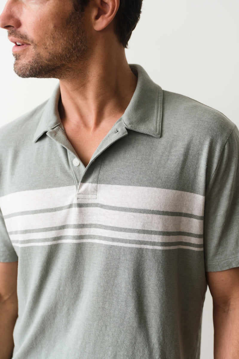 Wholesale,Marine Layer, Marine Layer Green/White Stripe Hemp Cotton Polo, Green, Small-40-TagSMedium-43-TagMLarge-46-TagLExtra Large-48-TagXLExtra Extra Large-50-TagXXL