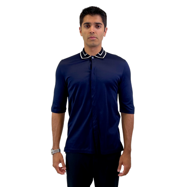 Paul Smith Navy Striped Collar Quarter Sleeve Knit Polo