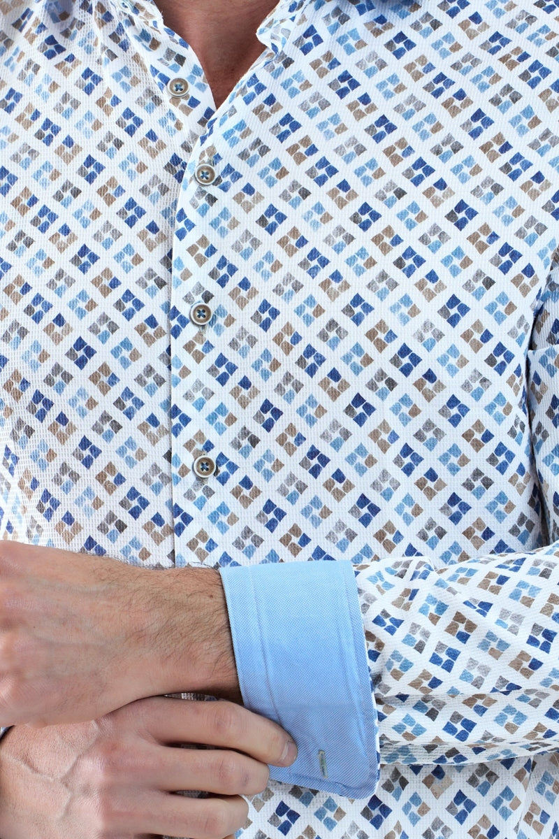 Direct From Brand,R2 Amsterdam, R2 Amsterdam White Cup Print Long Sleeve Button Up Shirt, White, Large-46-Tag42