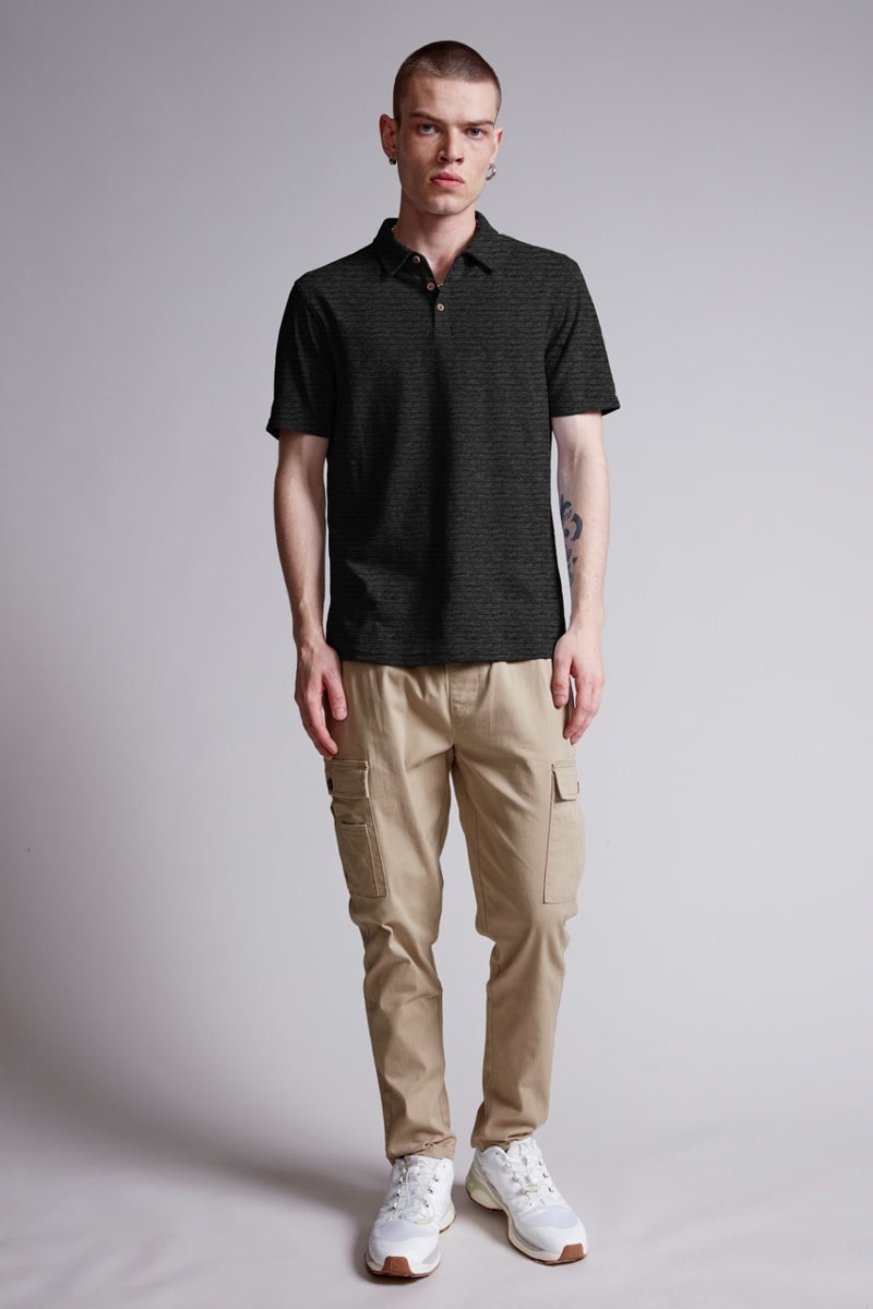 Escape Black Melange Knit Textured Short Sleeve Polo