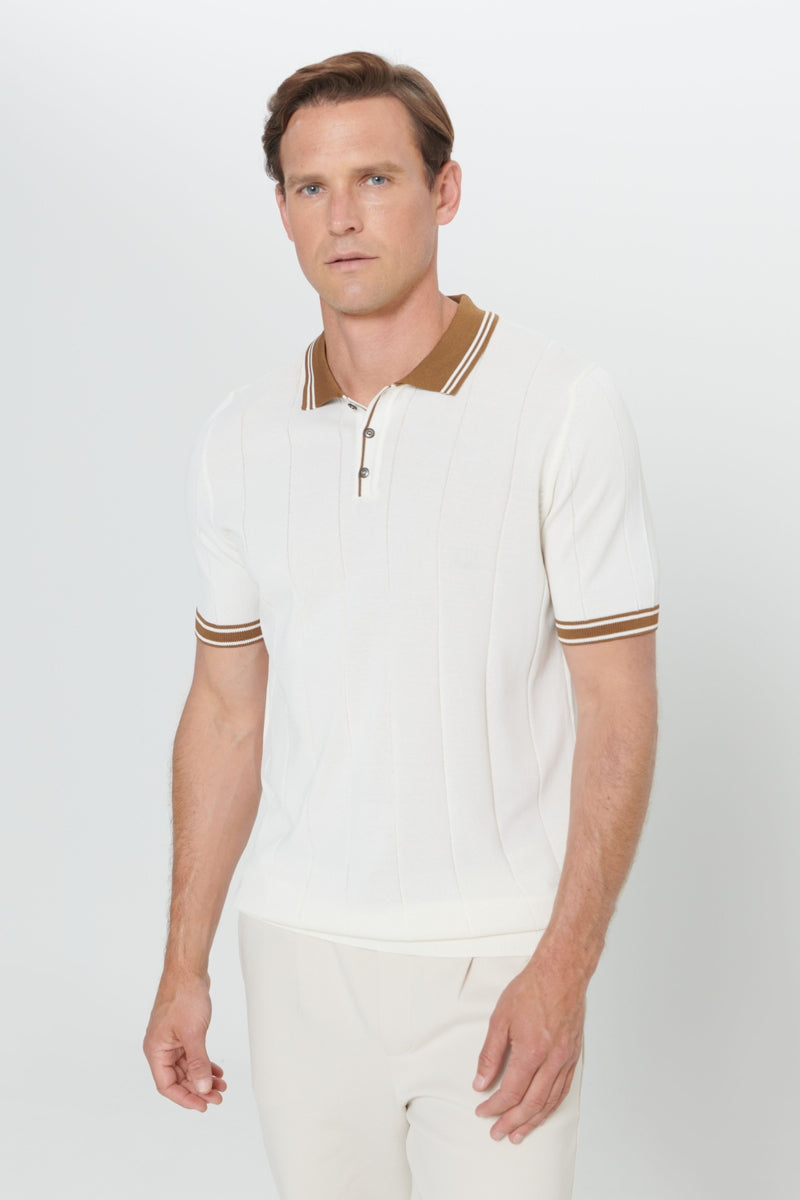 Wholesale,Altinyildiz Classics, Altinyildiz Classics Beige with Tan Contrast Jacquard Knit Polo, Tan, Small-38-TagS
