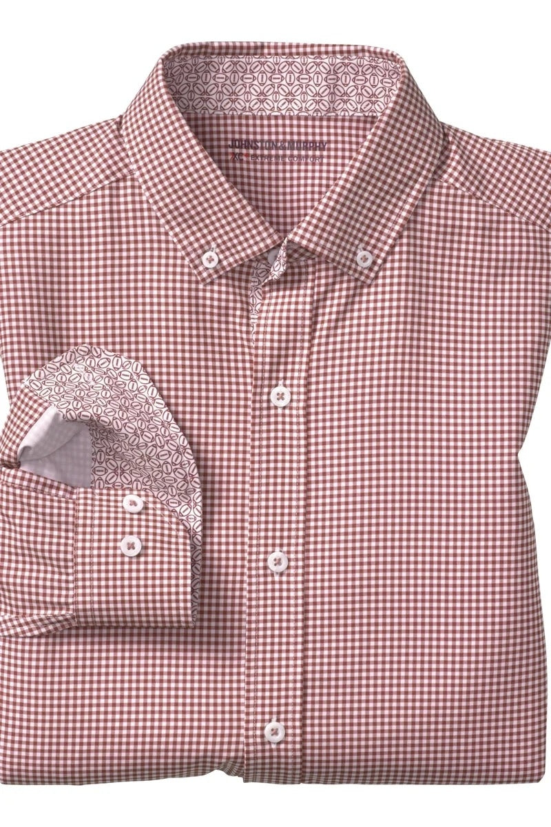 Wholesale,Johnston & Murphy, Johnston & Murphy Burgundy Gingham Performance Shirt, Red, Medium-44-TagMLarge-47-TagLExtra Large-50-TagXL