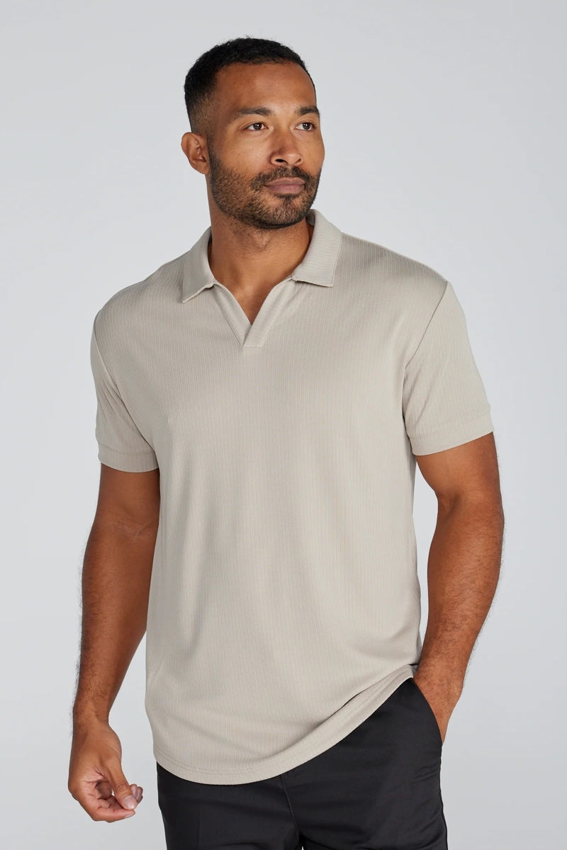 Wholesale,BYLT, BYLT Latte Ribbed Drop-cut Open V Polo, Tan, Small-40-TagSMedium-42-TagMLarge-45-TagLExtra Large-48-TagXLExtra Extra Large-51-TagXXL