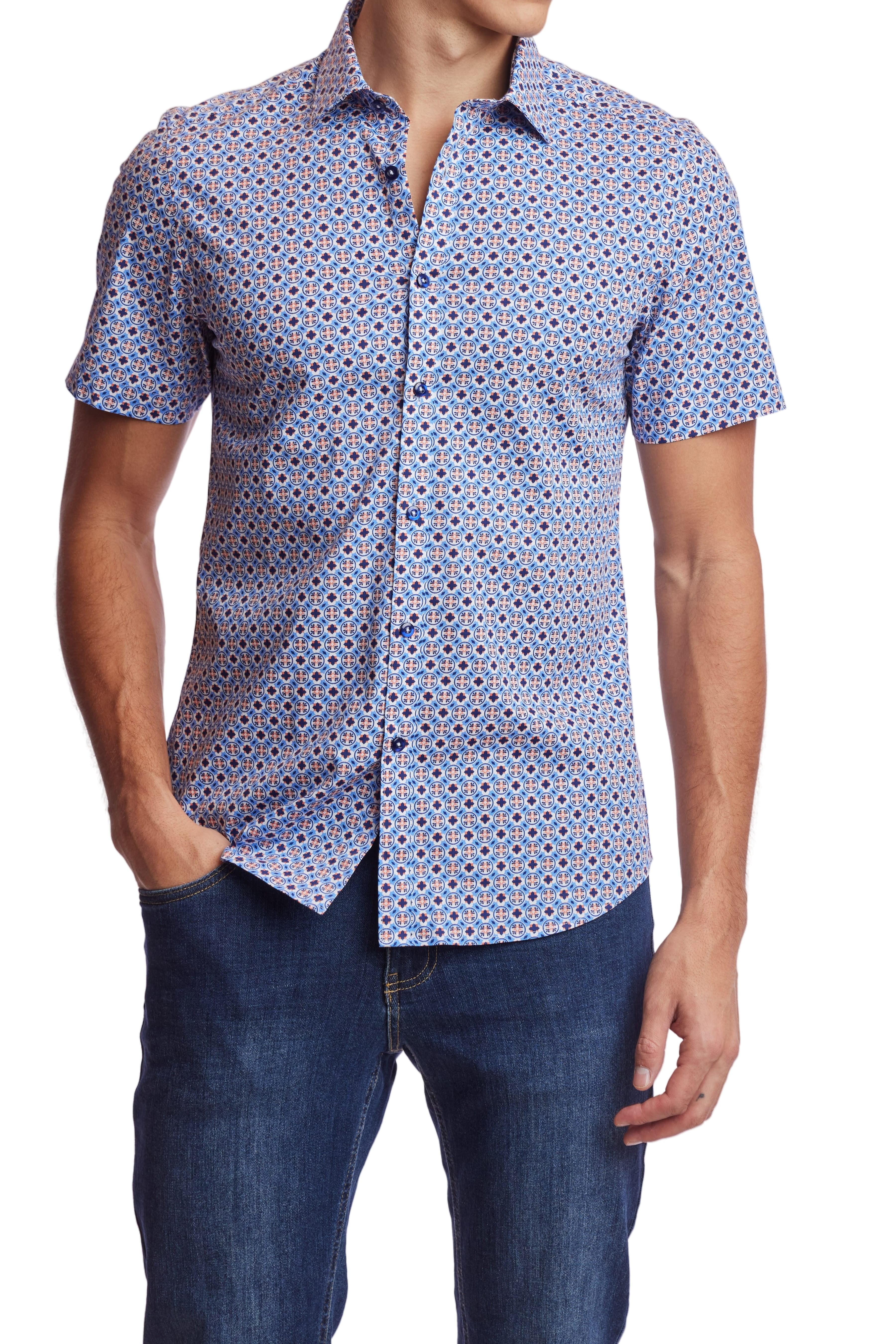 Wholesale,Paisley & Gray, Paisley & Gray Blue/Orange Geo Print Short Sleeve Shirt, Blue, Medium-43-TagL