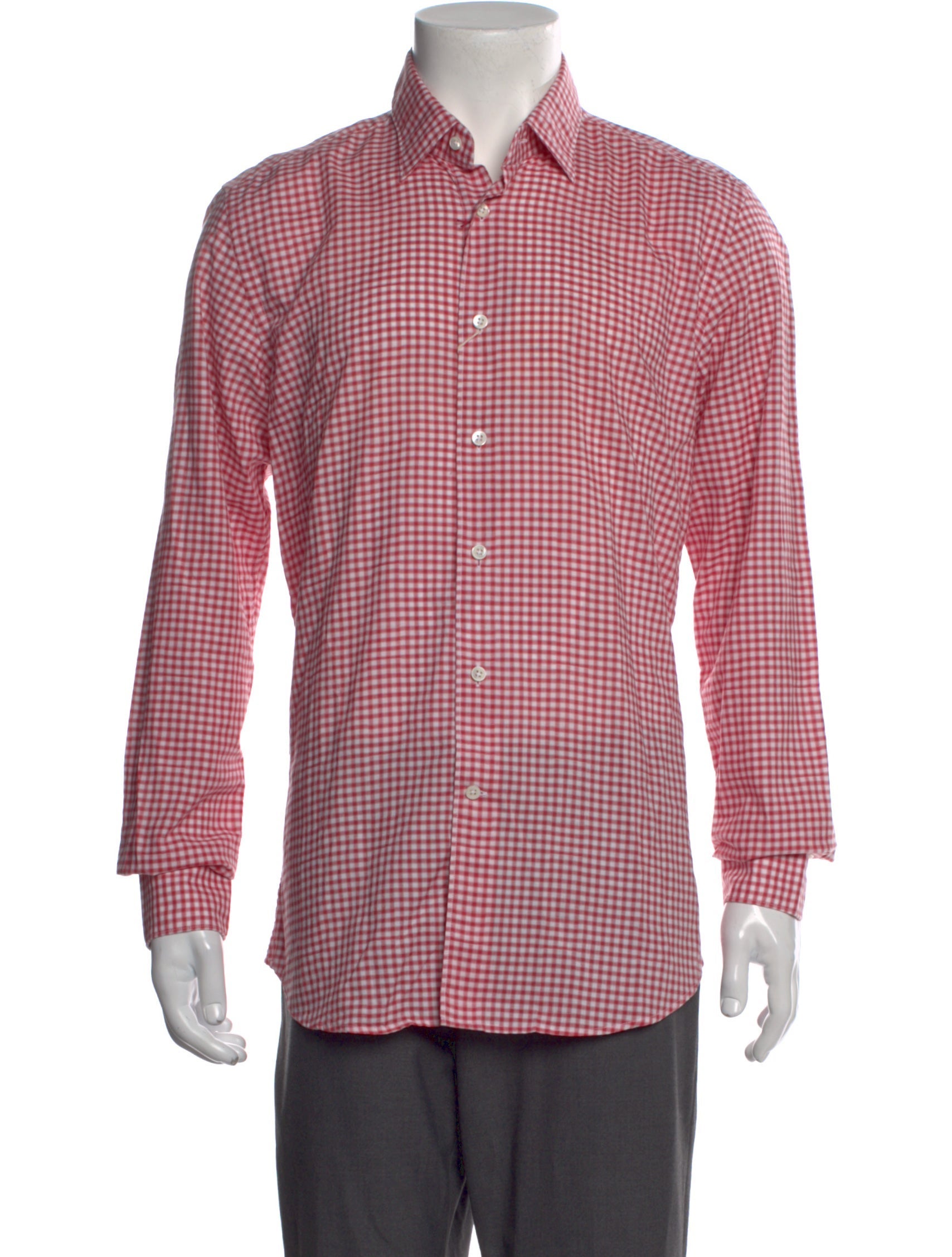 RealReal,Glanshirt, Glanshirt Red Plaid Print Long Sleeve Dress Shirt with Embroidered Accent, Red, Medium-42-TagL