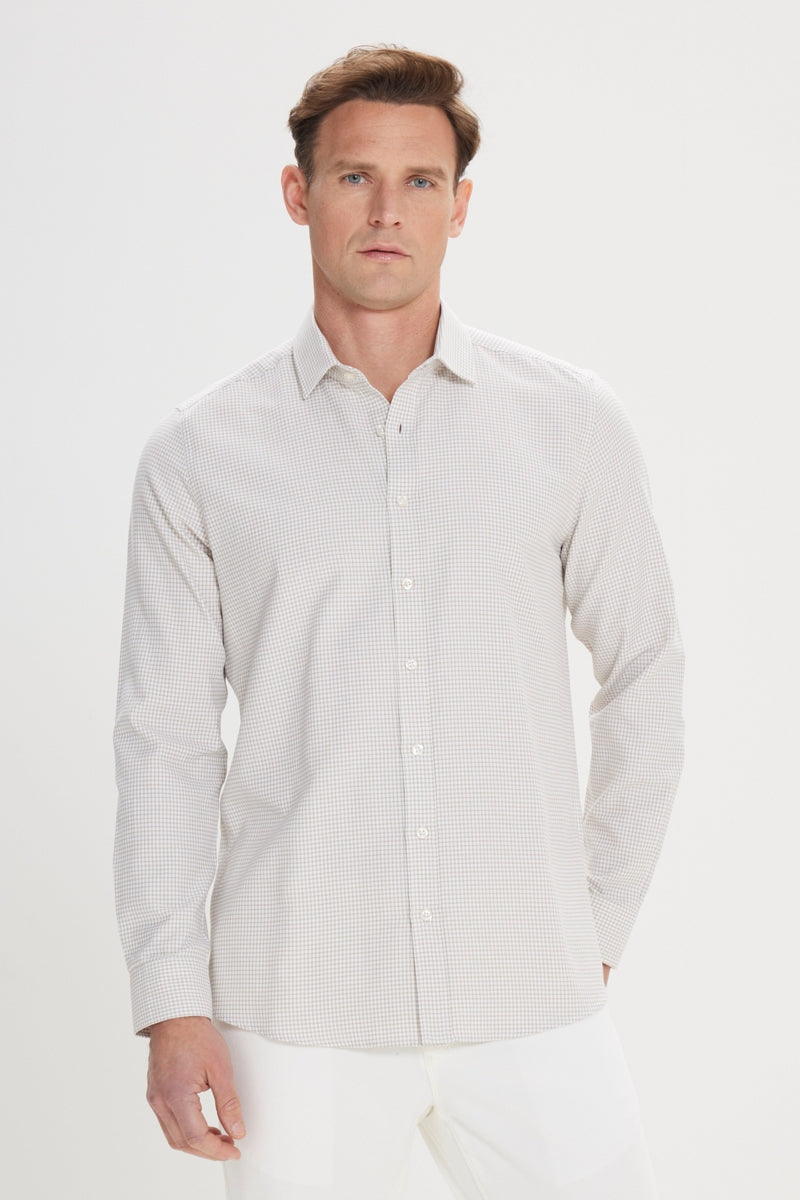 Wholesale,Altinyildiz Classics, Altinyildiz Classics Beige/White Plaid Seersucker Patterned Slim Fit Shirt, Tan, Small-38-TagSMedium-41-TagMLarge-44-TagLExtra Large-47-TagXL