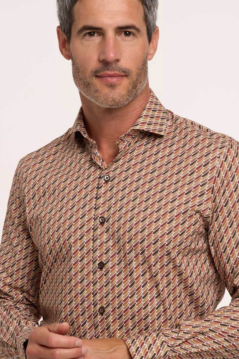 Direct From Brand,R2 Amsterdam, R2 Amsterdam Brown Sofa Print Stretch Shirt, Brown, Medium-42-Tag40Medium-44-Tag41Extra Large-48-Tag43Large-46-Tag42