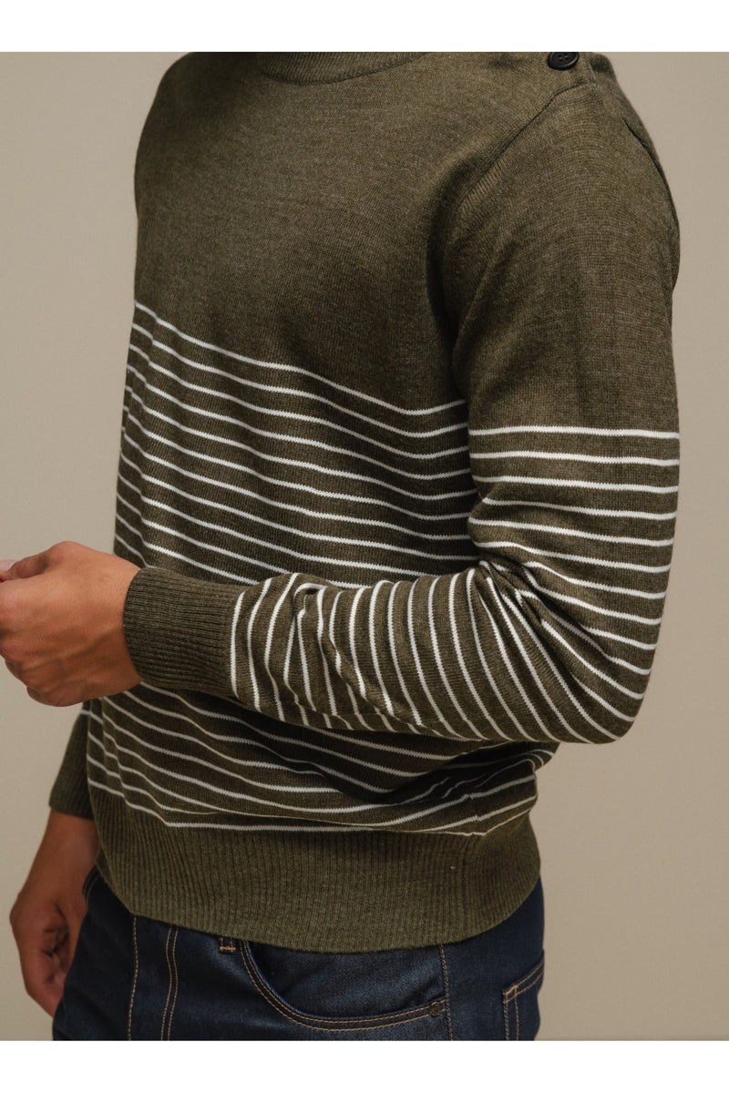 Faire,SMF, SMF Olive Striped Knit Sweater with Shoulder Button Detail, Green, Small-40-TagMMedium-42-TagLLarge-44-TagXLExtra Large-46-TagXXL