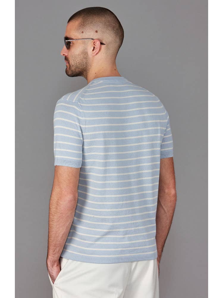 Faire,Paul James, Paul James Light Blue Knit Cotton Wider Stripe T-Shirt, Blue, Extra Large-46-TagXLLarge-43-TagXLMedium-40-TagLLarge-43-TagLMedium-40-TagMMedium-42-TagMSmall-38-TagMSmall-37-TagS