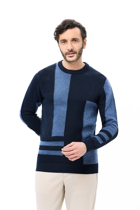 Wholesale,Luchiano Visconti, Luchiano Visconti Navy Patched Dobby Texture Crewneck Sweater, Blue, Medium-42-TagM