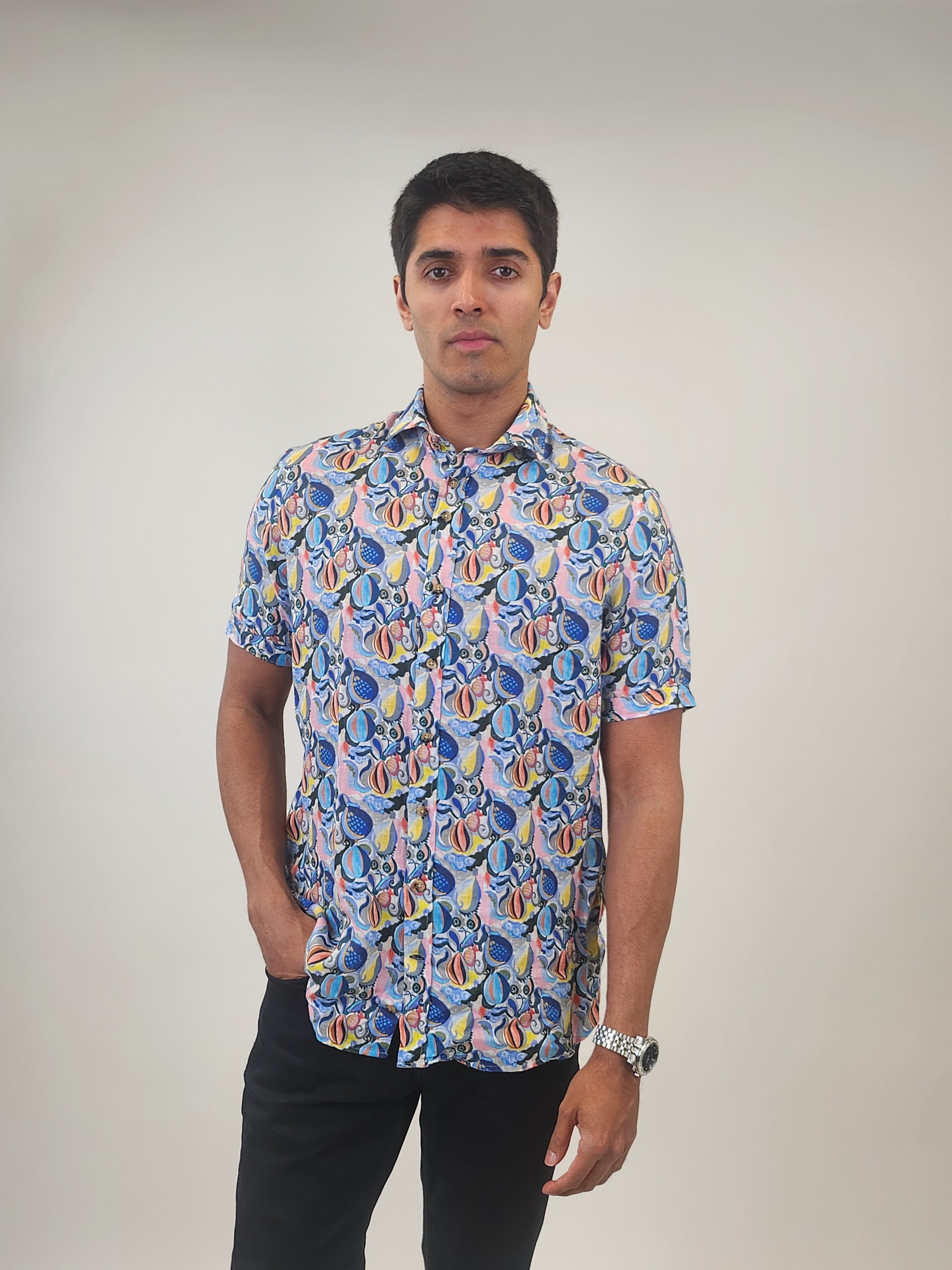 Brand Partner,R2 Amsterdam, R2 Amsterdam Blue/Yellow Hot Air Balloon Print Linen Shirt, Blue, Medium-44-Tag41