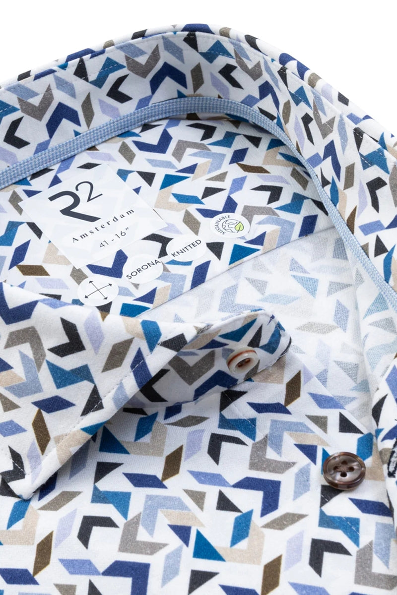 Direct From Brand,R2 Amsterdam, R2 Amsterdam Blue/White Multi Geo Pattern Shirt, Blue, Small-40-Tag38Medium-42-Tag40Large-44-Tag41Extra Large-48-Tag43Extra Extra Large-50-Tag44Extra Extra Large-52-Tag45