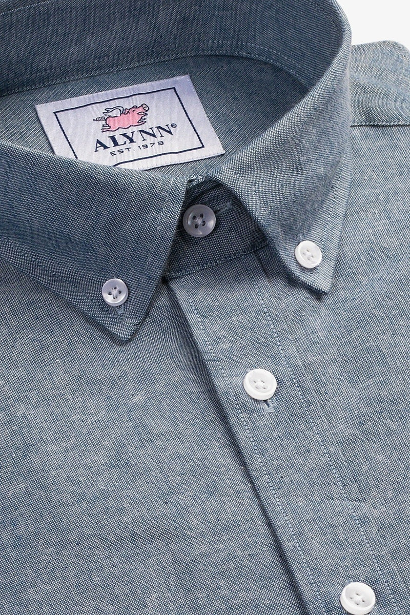 Faire,Alynn, Alynn Dark Blue Chambray Slightly Brushed Slim Fit Shirt, Blue, Extra Extra Large-51-TagXXL