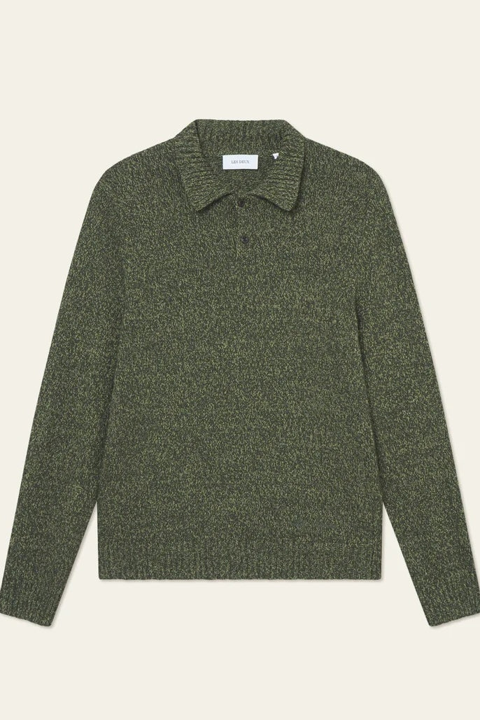 Wholesale,Les Deux, Les Deux Olive Two-tone Mouliné Slub Yarn Textured Knitted Polo, Green, Extra Small-43-TagXS