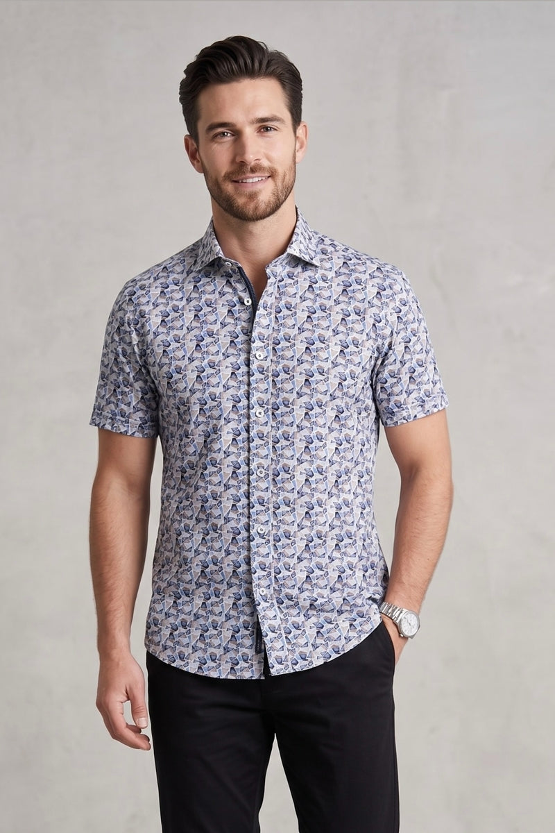 Faire,Guide London, Guide London Blue Geometric Pattern Short Sleeve Shirt, Blue, Extra Large-48-TagXXL