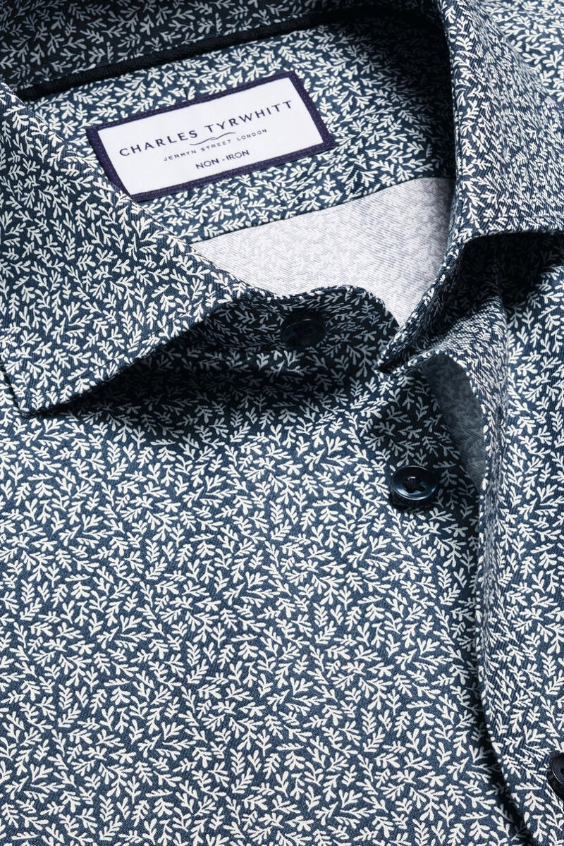 Wholesale,Charles Tyrwhitt, Charles Tyrwhitt Ink Blue Stretch Leaf Print Shirt, Blue, Large-46-Tag16.5