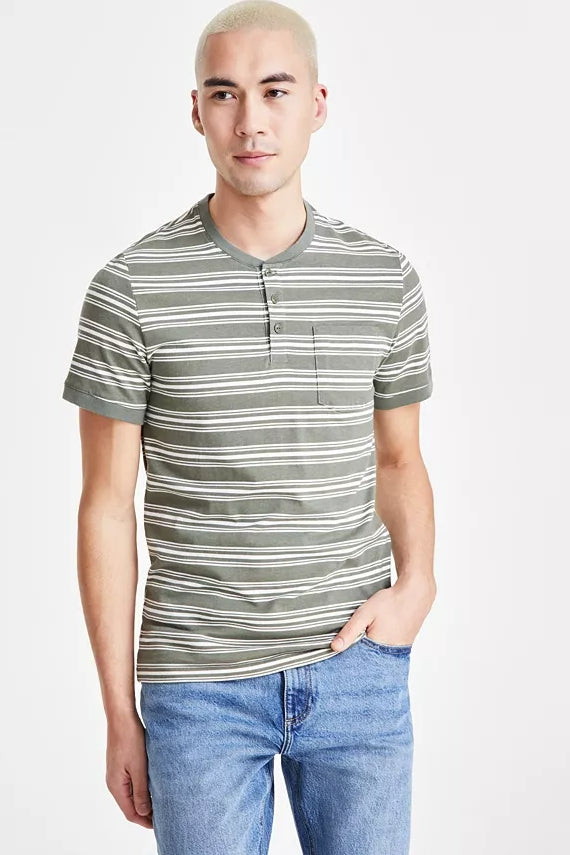 Other,Sun + Stone, Sun + Stone Green/White Striped Short Sleeve Henley, Green, Medium-41-TagM
