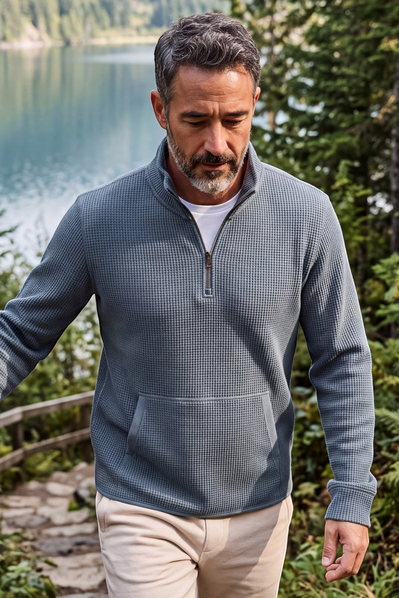 Wholesale,Fundamental Coast, Fundamental Coast Dusty Blue Waffle Textured Qtr Zip, Blue, Large-46-TagLExtra Large-48-TagXL