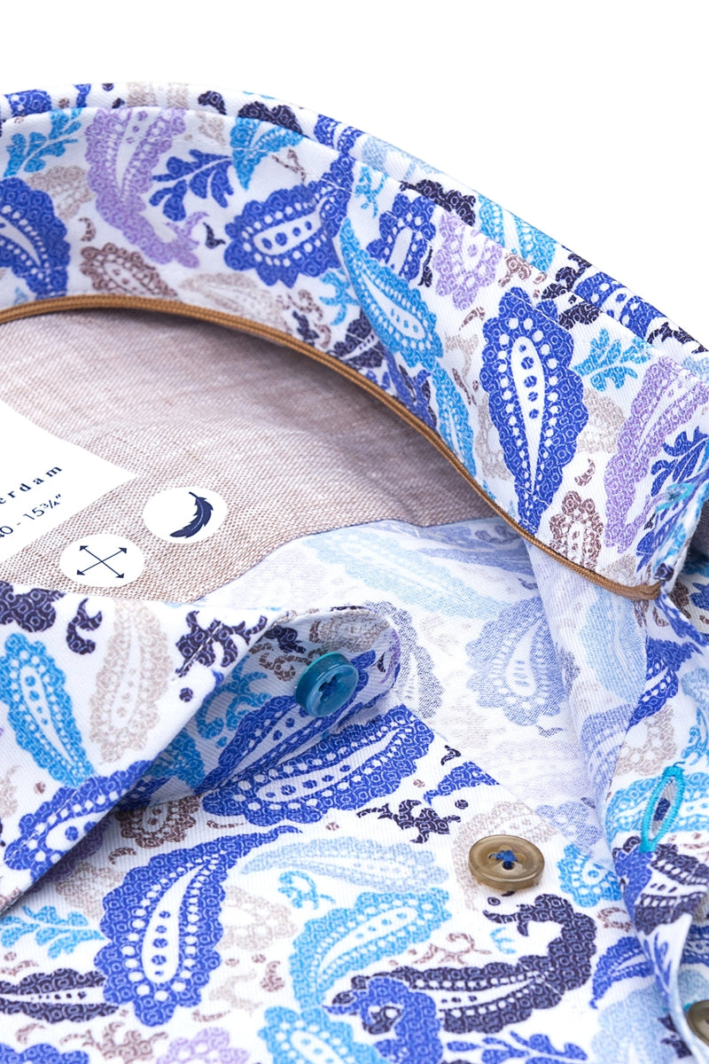 Direct From Brand,R2 Amsterdam, R2 Amsterdam Blue/Tan Paisley Print Short Sleeve Button Up Shirt, Blue, Medium-43-Tag41