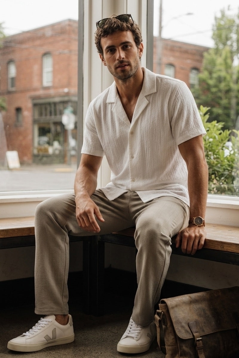 Wholesale,Champlain, Champlain White Stretch Camp Collar Shirt, White, Medium-44-TagMLarge-46-TagLExtra Extra Large-50-TagXXL