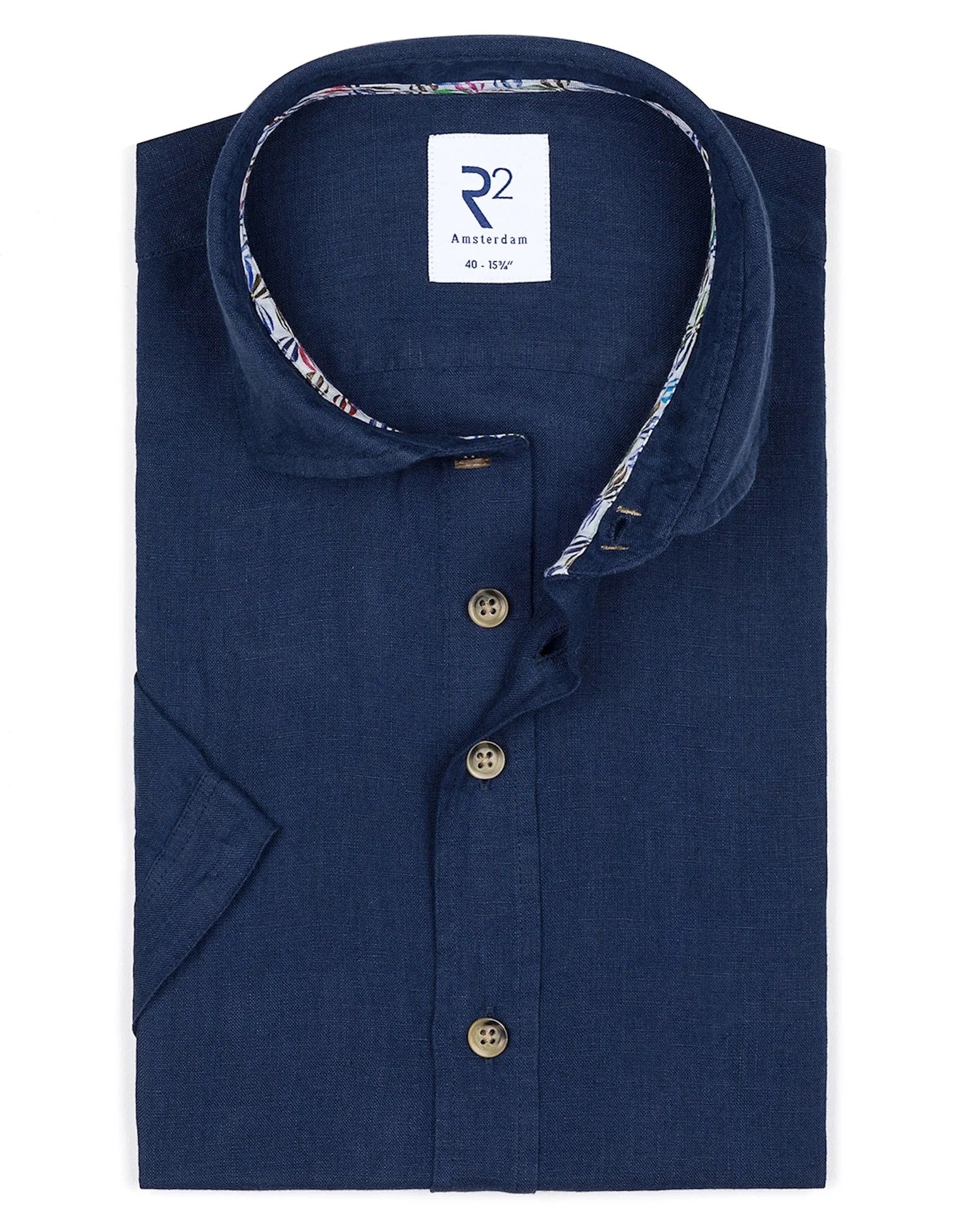 Brand Partner,R2 Amsterdam, R2 Amsterdam Navy Short Sleeve Linen Shirt, Blue, Large-46-Tag42