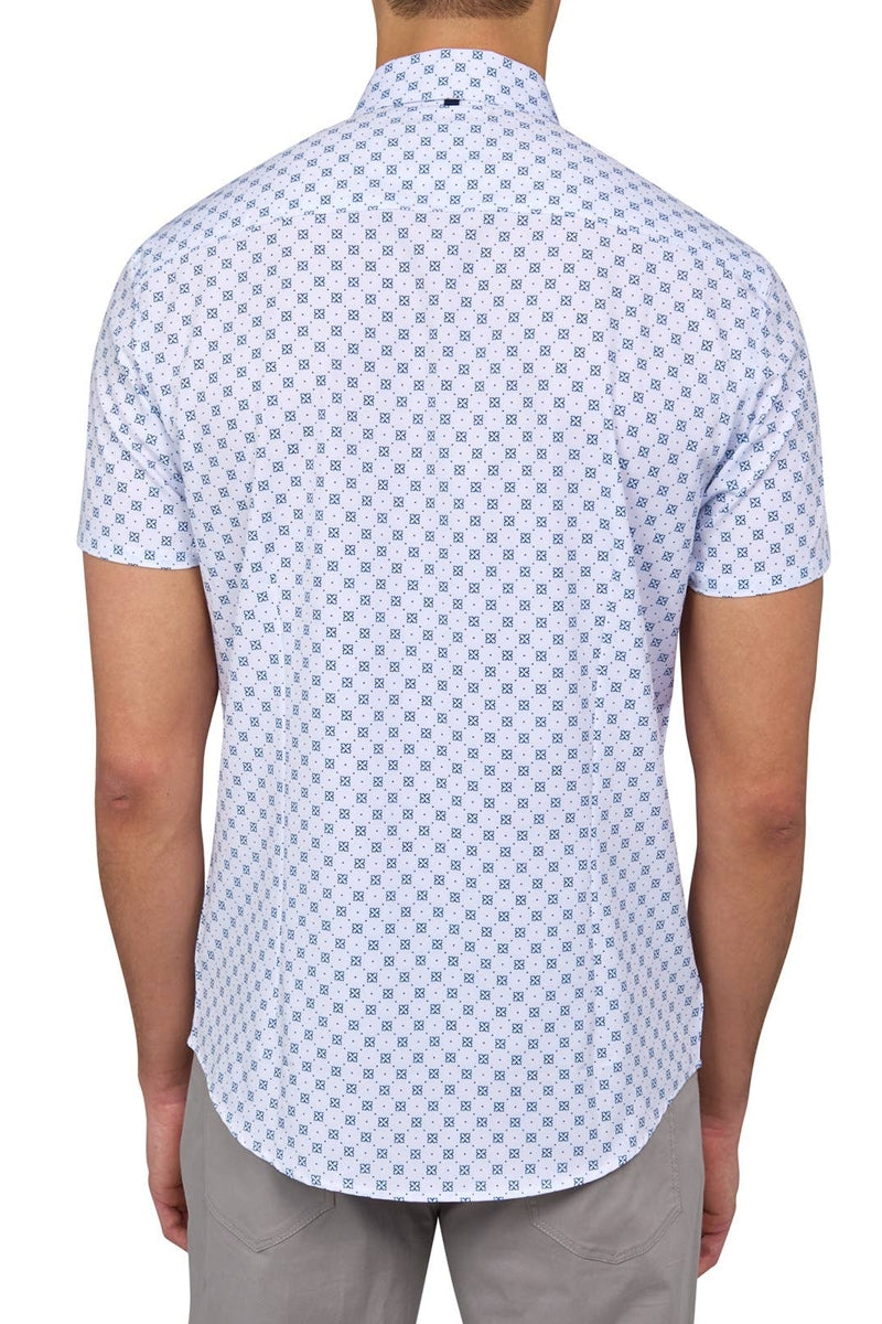 Faire,W.R.K, W.R.K White/Navy Geo Motif Print 4-way Stretch Recycled Shirt, White, Small-39-TagSMedium-42-TagMLarge-44-TagLExtra Large-46-TagXLExtra Extra Large-48-TagXXL