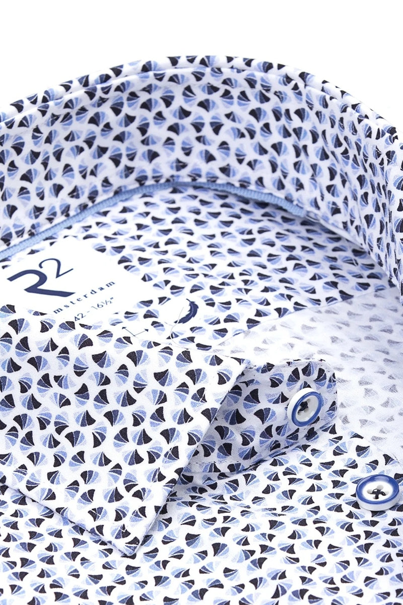 Direct From Brand,R2 Amsterdam, R2 Amsterdam Blue/White Sailboat Print Polpin Shirt, Blue, Large-46-Tag42Extra Large-48-Tag43Extra Extra Large-50-Tag44Medium-44-Tag41