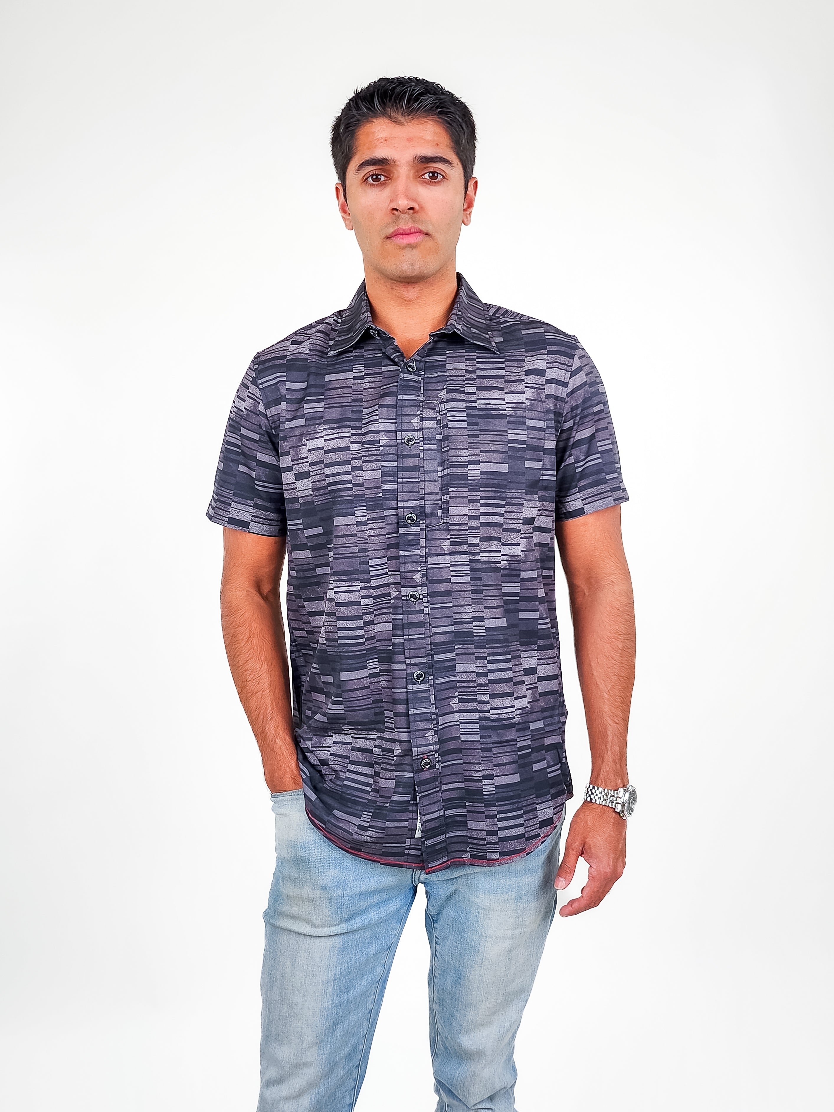 Wholesale,Projek Raw, Projek Raw Charcoal 4 Way Stretch Short Sleeve Button Up Shirt, Grey, Small-41-TagSMedium-44-TagMLarge-46-TagLExtra Large-49-TagXLExtra Extra Large-51-TagXXL