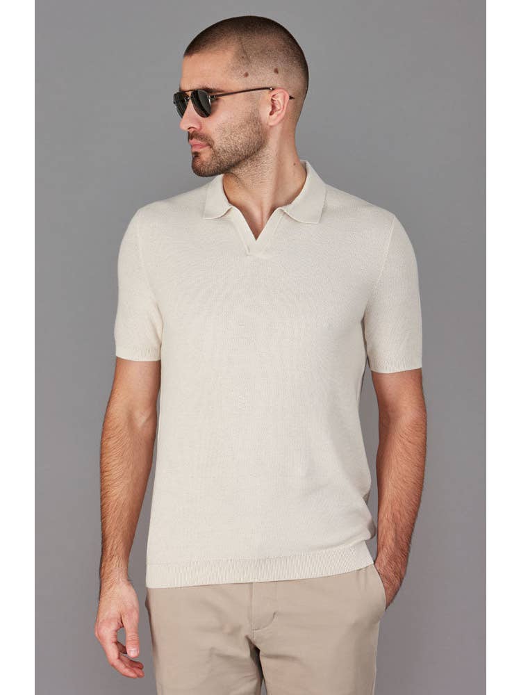 Faire,Paul James, Paul James Cream Textured Knit Buttonless Short Sleeve Polo, Cream, Medium-40-TagM