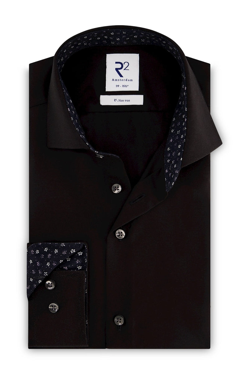 Direct From Brand,R2 Amsterdam, R2 Amsterdam Black Non-iron Cotton Shirt, Black, Medium-42-Tag38