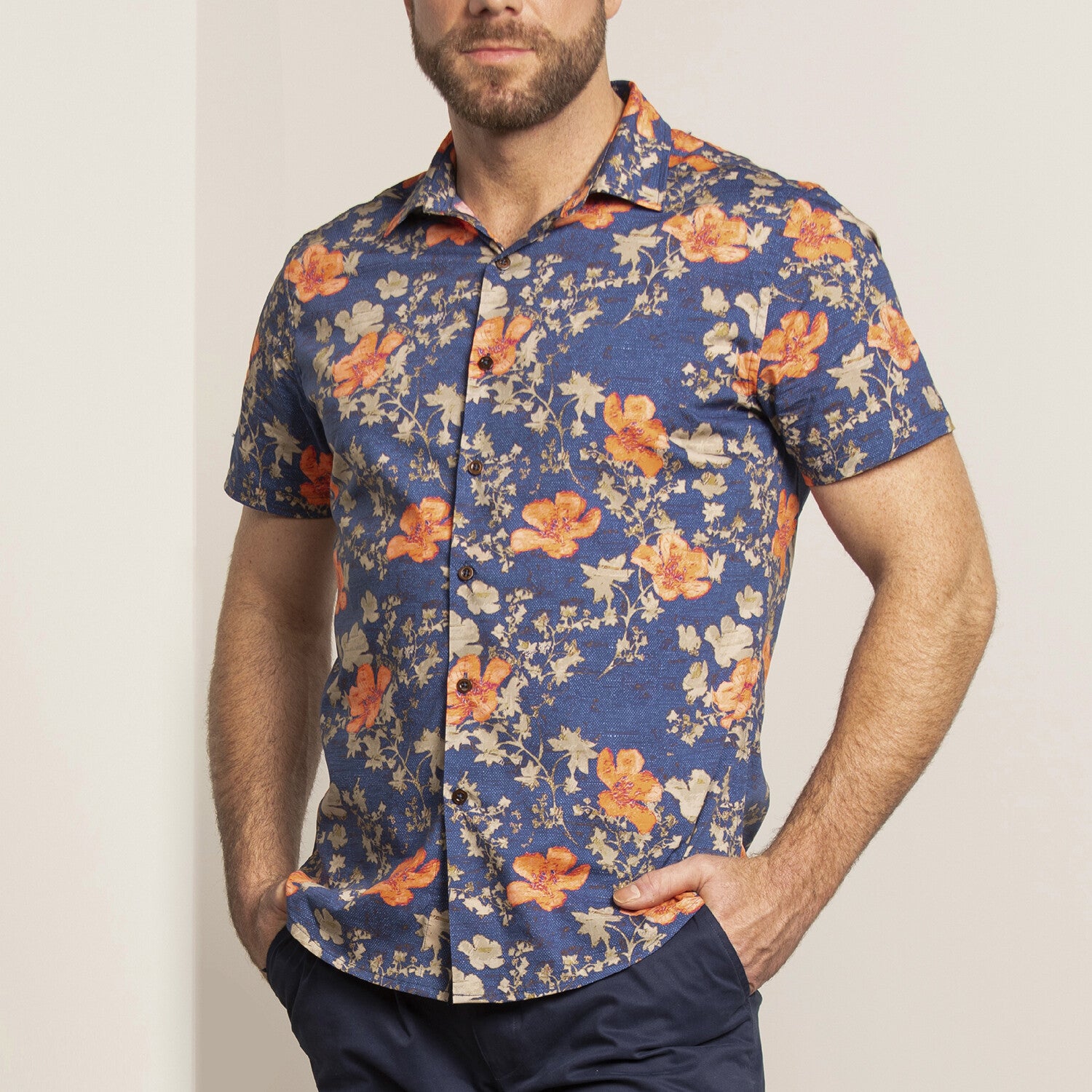 Brand Partner,Lords of Harlech, Lords of Harlech Navy Hibiscus Print Mechanical Stretch Scott Oriental Button Up Shirt, Blue, Large-45-TagL